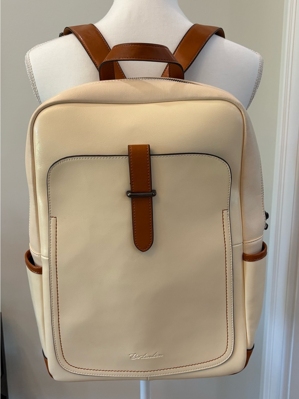 Bostanten VRBA Leather Laptop Bag, Beige and Brown